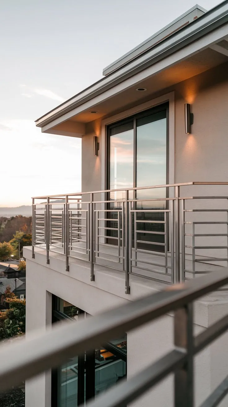 From below, you gaze up at a softly lit home perched high, its steel balcony railing framing a breathtaking view