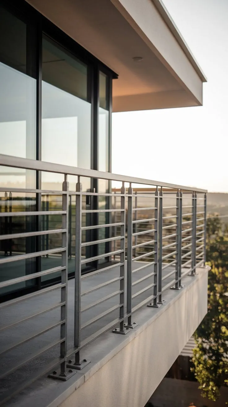 From above, you see a sleek home with a steel balcony overlooking a stunning vista bathed in soft light