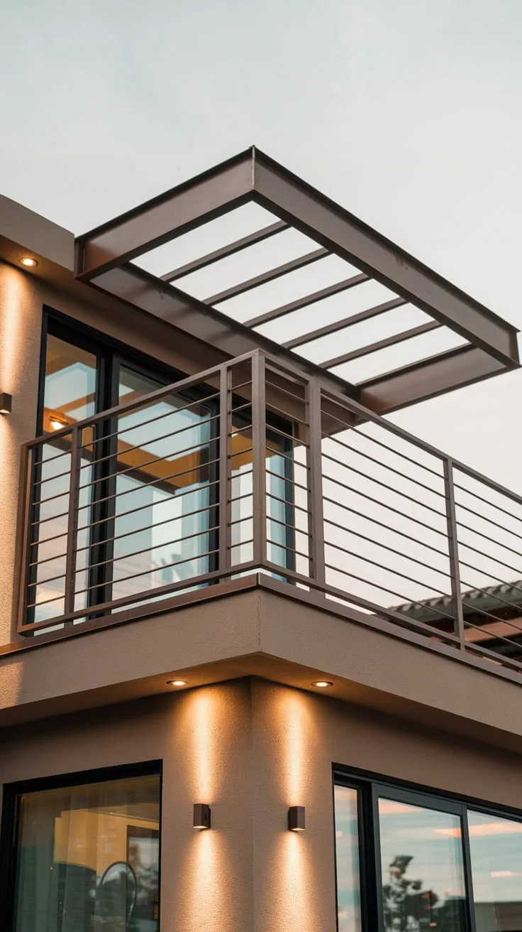 Soft light illuminates your minimalist steel balcony, offering a breathtaking view from its lofty height