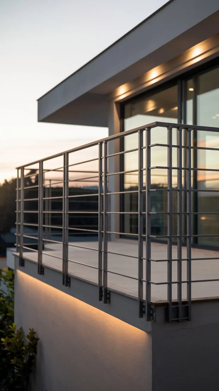 A sleek home's minimalist steel balcony railing, softly lit from below, frames a captivating view