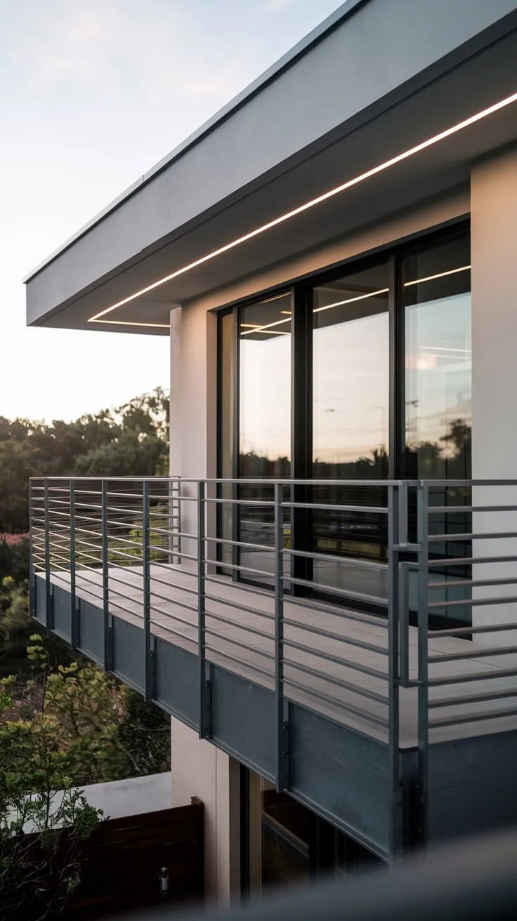Soft light highlights the sleek steel balcony railing, framing a breathtaking view from your high-rise home