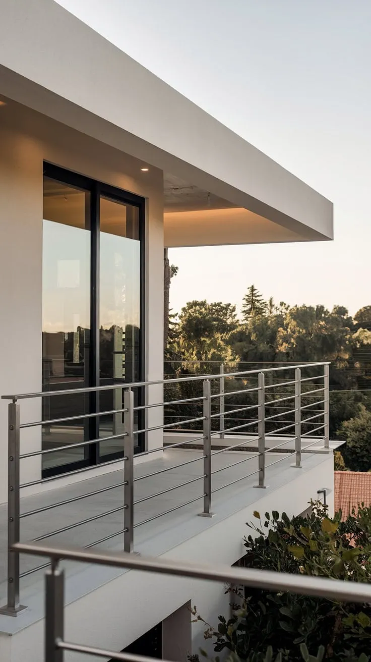 The home's simple elegance is highlighted by a steel balcony railing framing a peaceful vista