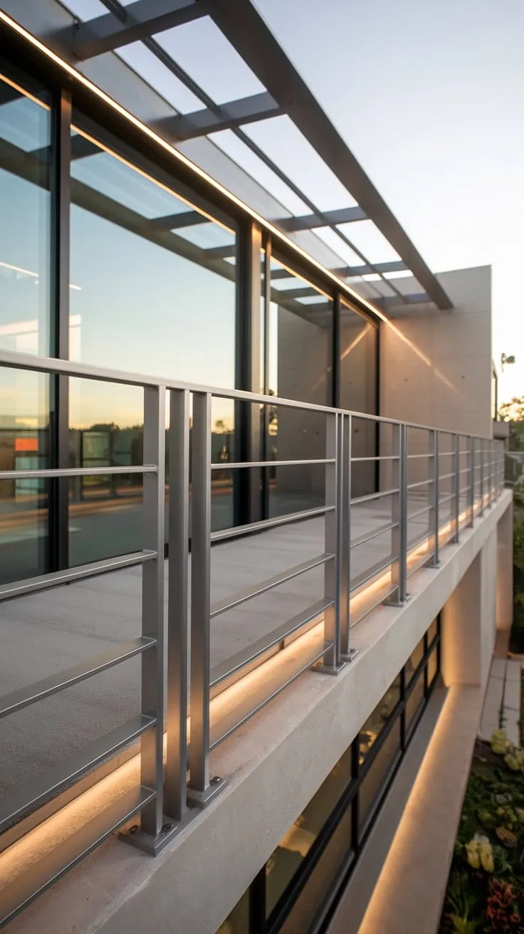 Could you imagine unwinding on this minimalist balcony, surrounded by soft lighting and breathtaking surroundings?