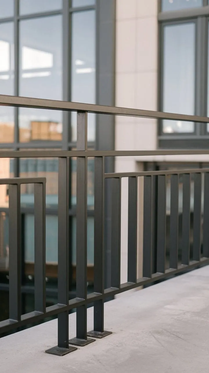 This sleek black steel balcony railing embodies minimalist elegance, framing stunning city views with its airy lines and modern industrial flair.