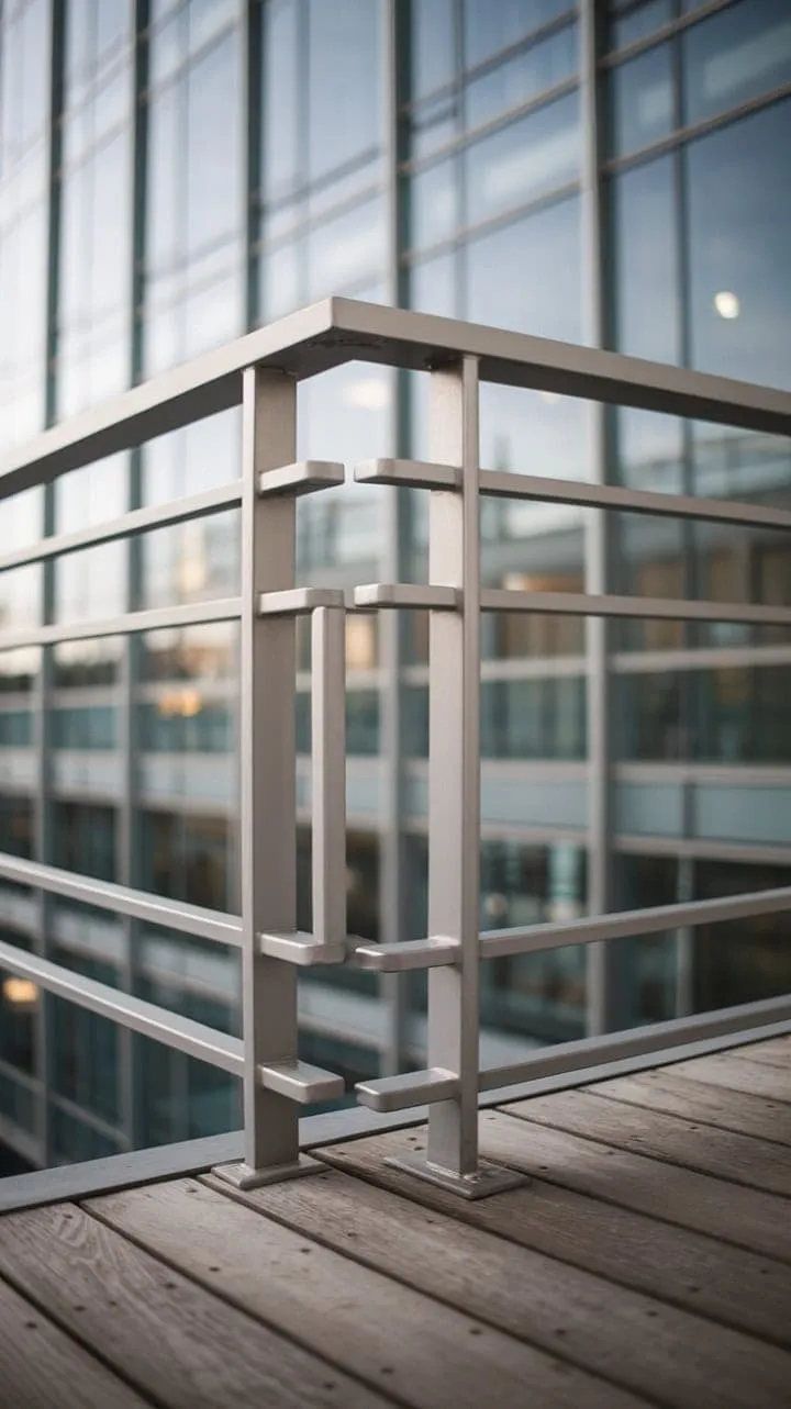 A sleek white balcony railing elegantly frames the urban skyline, embodying the airy sophistication of modern architecture.