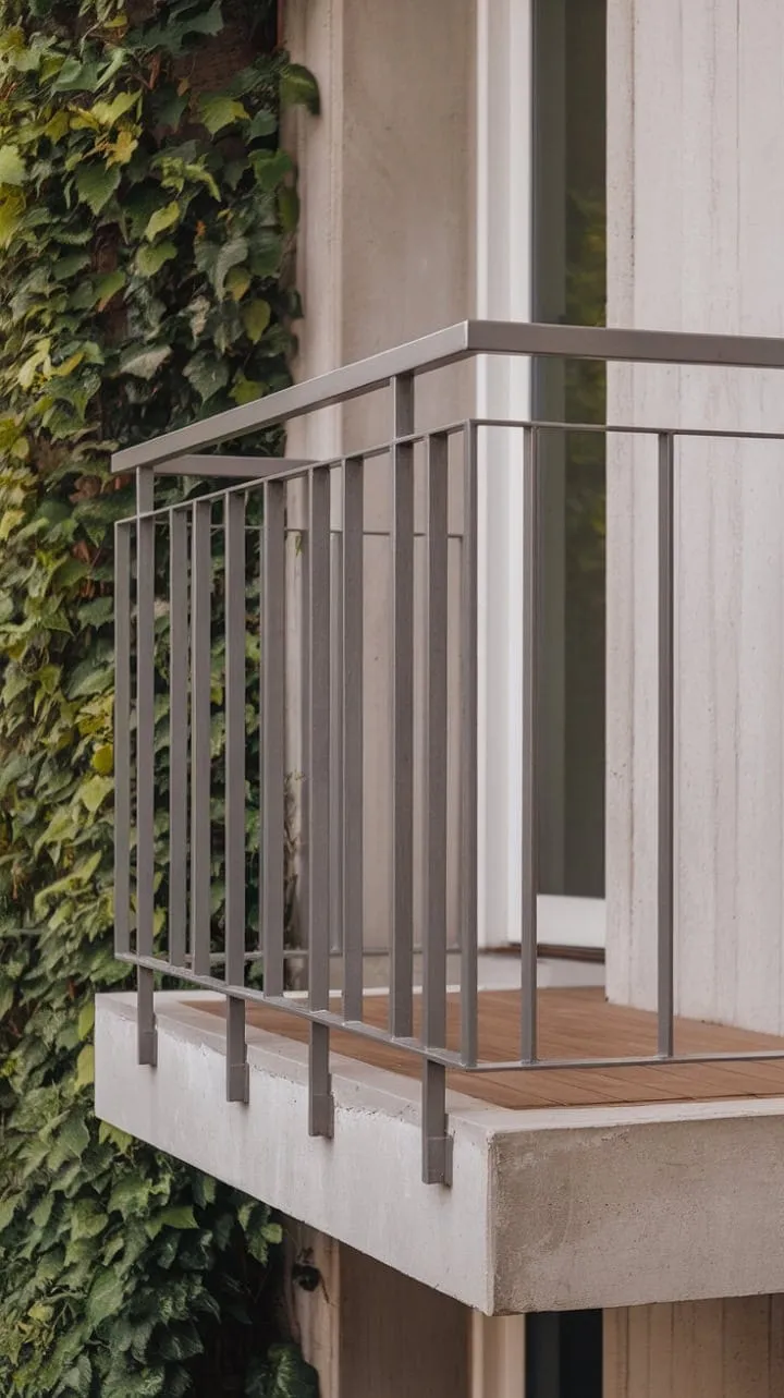This steel balcony railing exemplifies understated elegance, harmoniously merging modern minimalism with the warmth of wood and nature's tranquility.