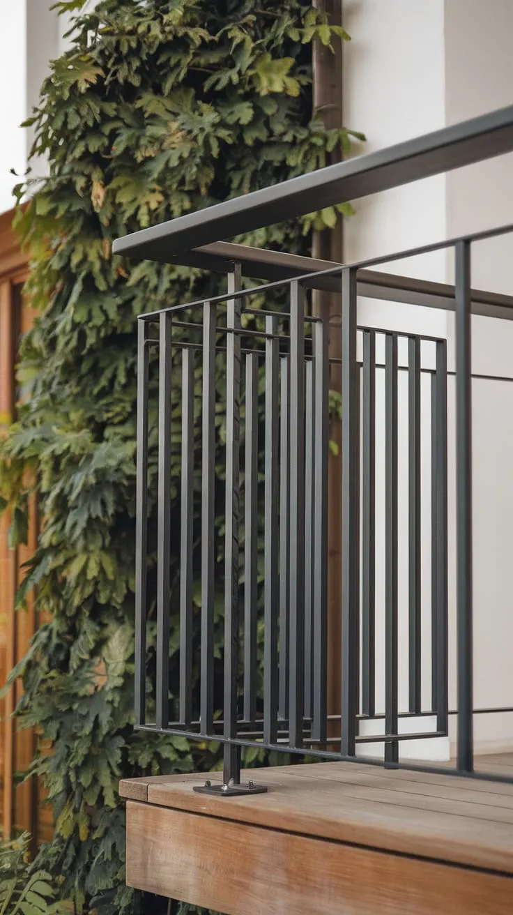 This modern balcony railings installation is a masterclass in understated sophistication. The steel railing design, with its thin vertical bars and flat top, creates a feeling of airy openness.  Explore modern steel railings and discover the possibilities for your own balcony design ideas with this contemporary balcony railing as inspiration.  The sleek balcony railings perfectly complement the modern outdoor railings trend.