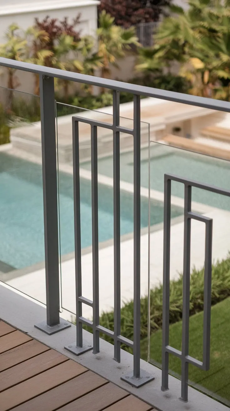 Clean lines and breathtaking views. This minimalist balcony railing design, featuring modern steel railings and a central glass pane, seamlessly blends contemporary style with functionality.  The sleek balcony railings create a sense of airy openness, perfectly complementing the luxurious outdoor space and offering inspiring balcony design ideas.  This steel balcony railing is the epitome of modern outdoor railings.