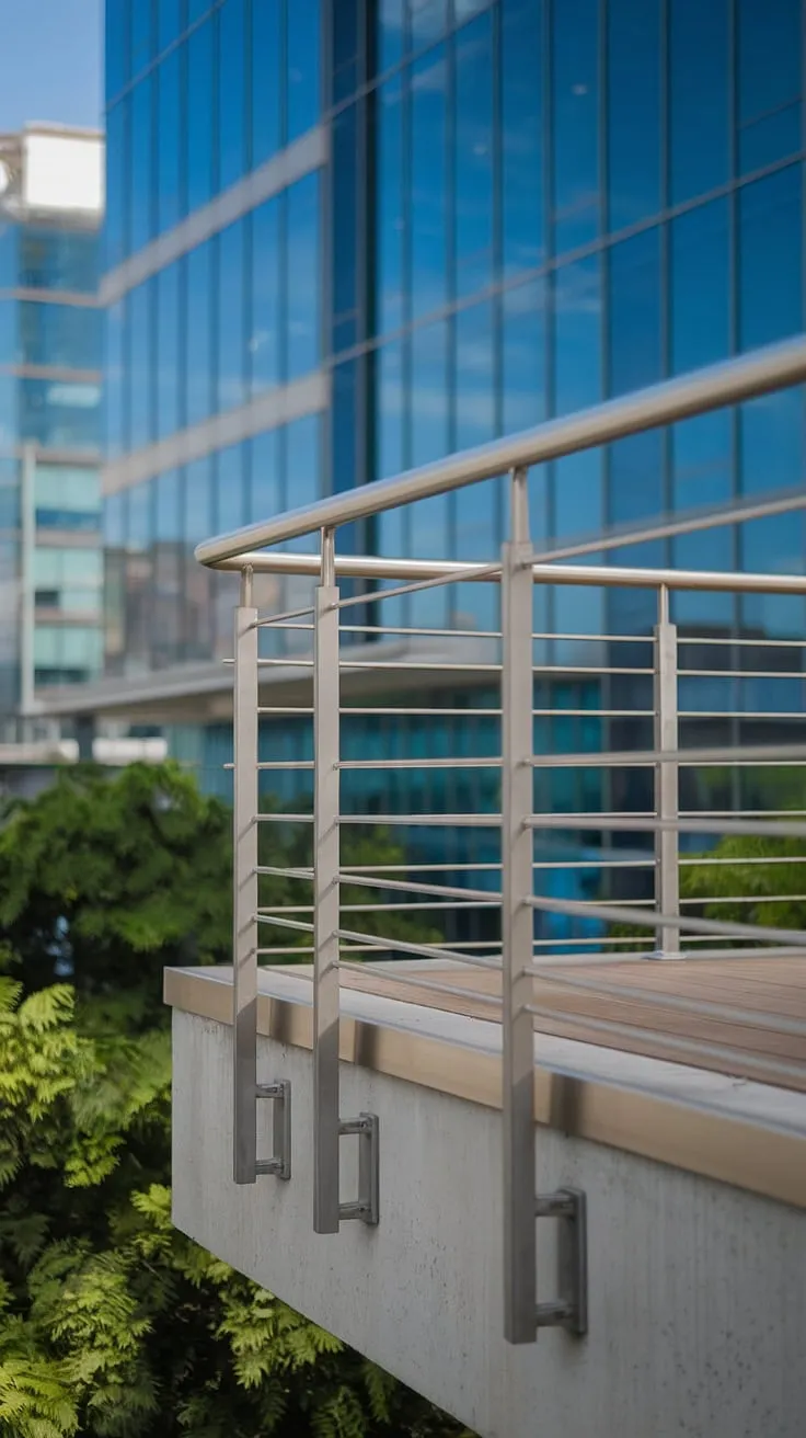 Experience urban living at its finest. This contemporary balcony railing showcases the beauty of a minimalist balcony railing, with its modern steel railings and sleek balcony railings creating a sophisticated and tranquil retreat.  The steel balcony railing's simple yet elegant design offers a wealth of balcony design ideas, demonstrating the impact of modern steel railings in modern outdoor railings.