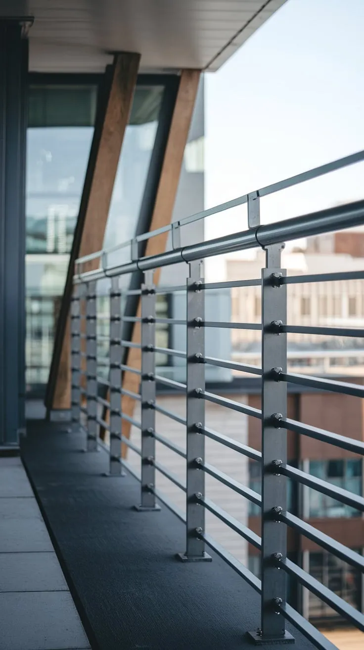 Experience the epitome of modern balcony design with this stunning steel balcony railing.  The minimalist aesthetic and sleek balcony railings create a sophisticated urban oasis. This contemporary balcony railing, featuring modern steel railings, is a testament to innovative balcony railing design and steel railing design.  Find inspiration for your own space with these modern outdoor railings.