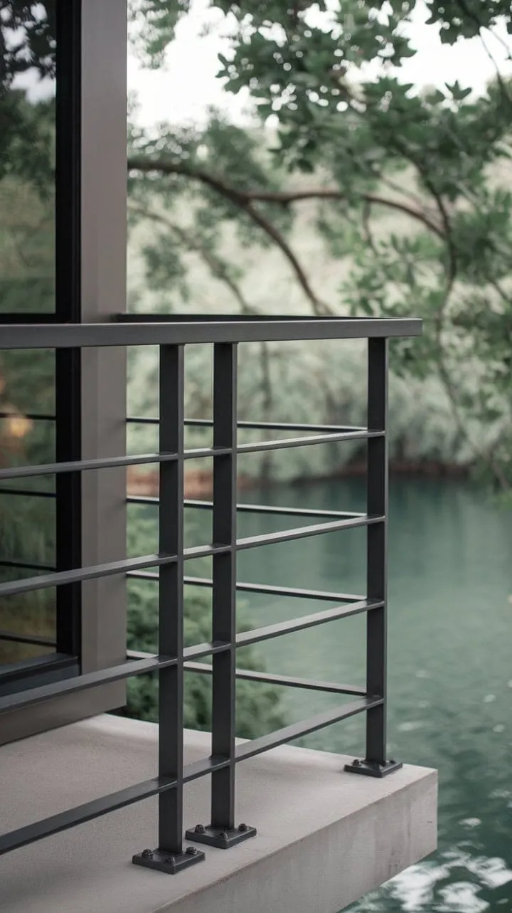 This contemporary balcony railing elegantly merges urban design with nature, providing a serene view framed by its sleek horizontal lines.