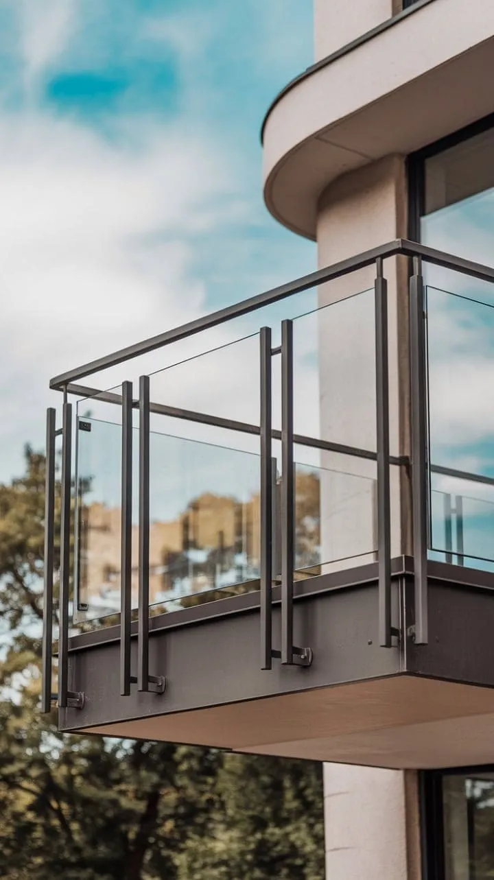 A striking matte black steel railing embodies minimalist elegance while framing stunning cityscape vistas.