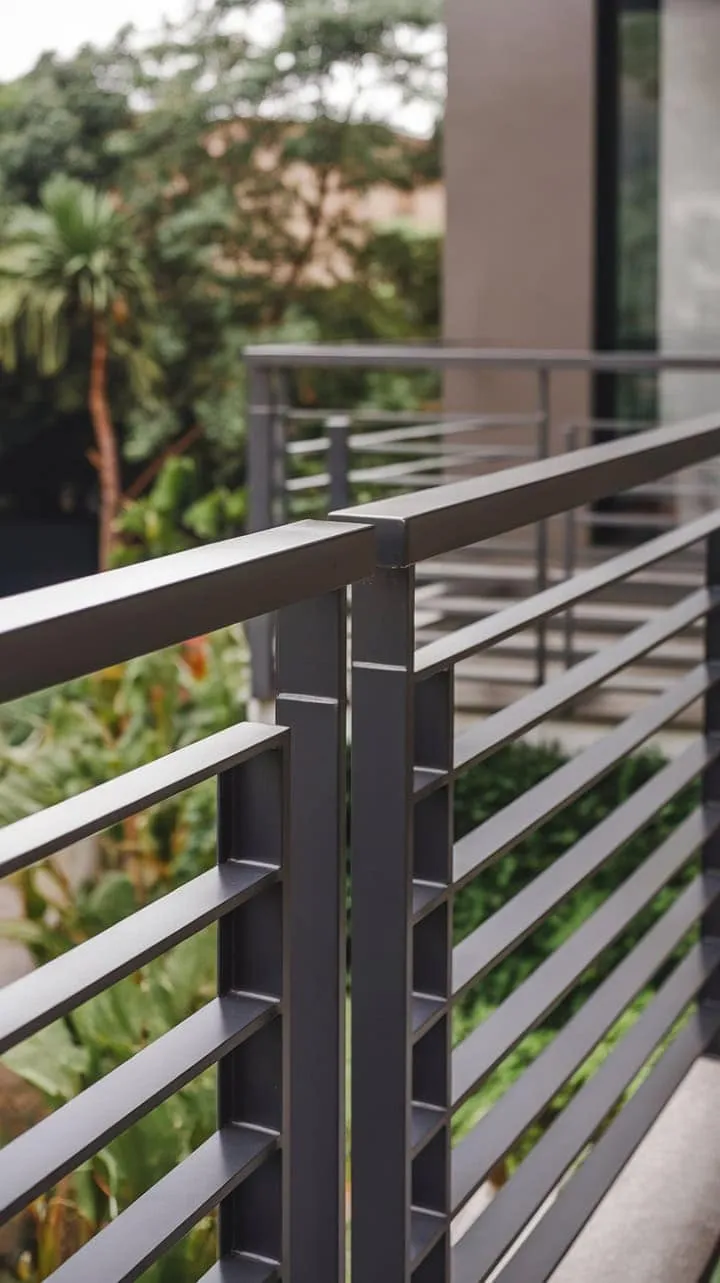 This sleek dark grey steel balcony railing harmoniously unites modern elegance with the lush beauty of nature, embodying both style and safety.