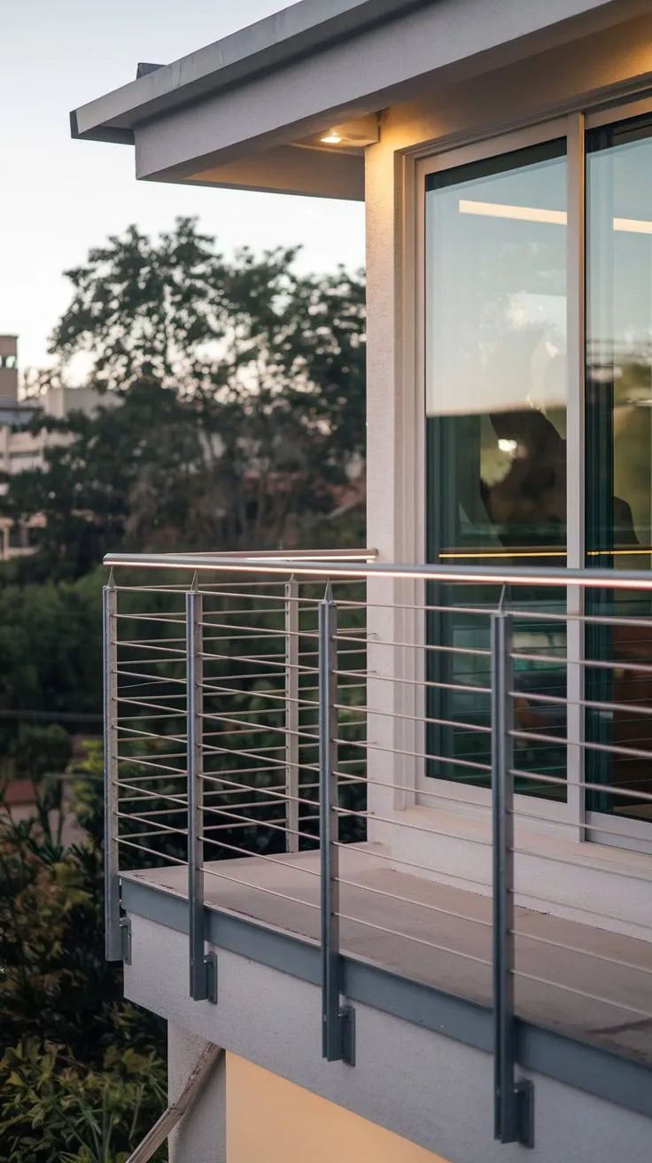 Soft lights illuminate the metal balcony railing as you overlook the tree-lined cityscape from your home's high vantage point