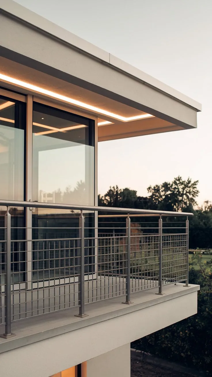 You'll find yourself captivated by the view from your minimalist home's balcony, softly lit and framed by a sleek metal railing