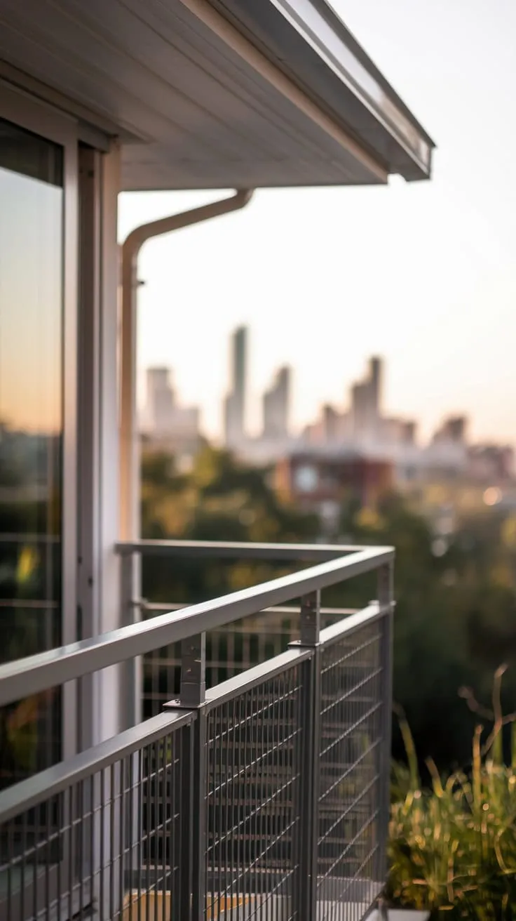 From your balcony, the sharp metal railing contrasts beautifully with the softly blurred city skyline stretching towards the horizon