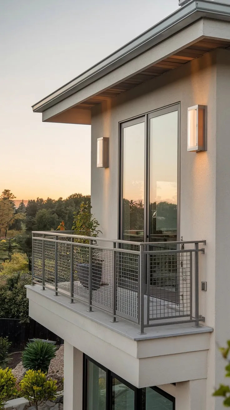 From above, you see a softly lit home, its metal balcony railing framing a breathtaking vista