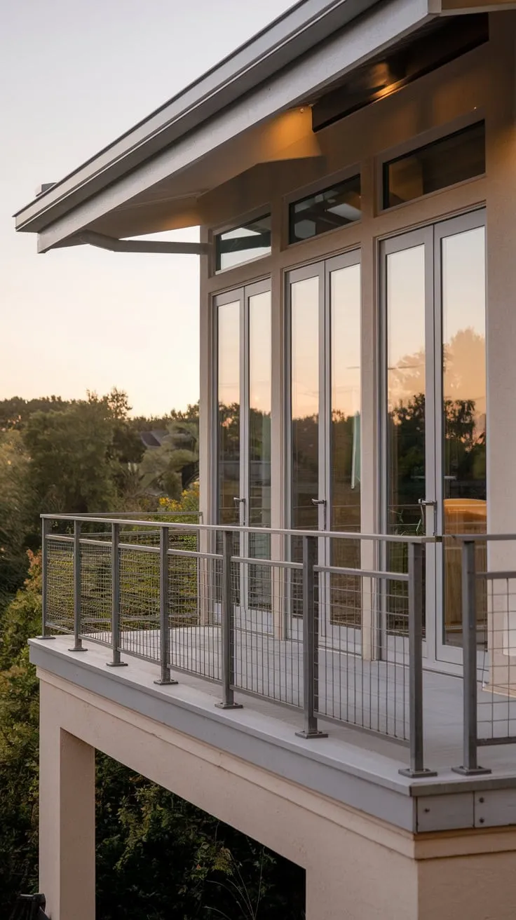 Soft light bathes your sleek new home, its high metal balcony railing framing a peaceful vista