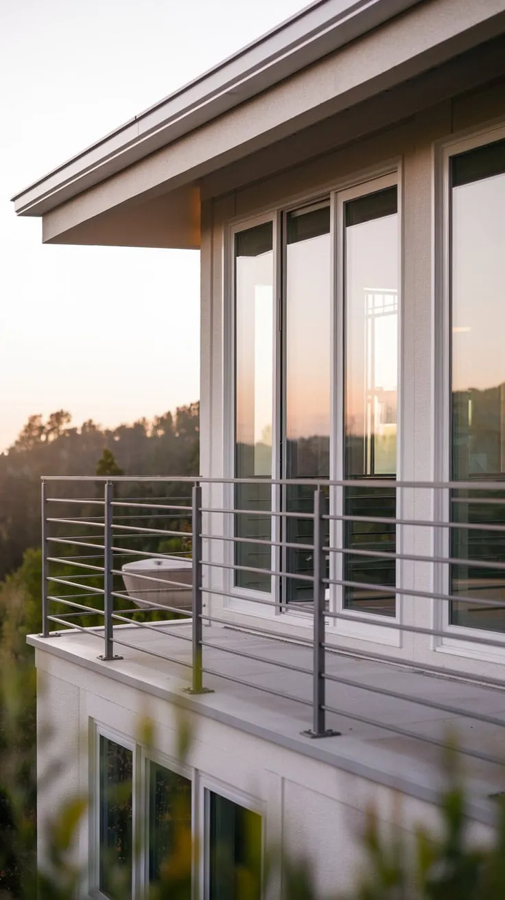 Soft light bathes your stunning home's high-level balcony, its metal railing framing a captivating view