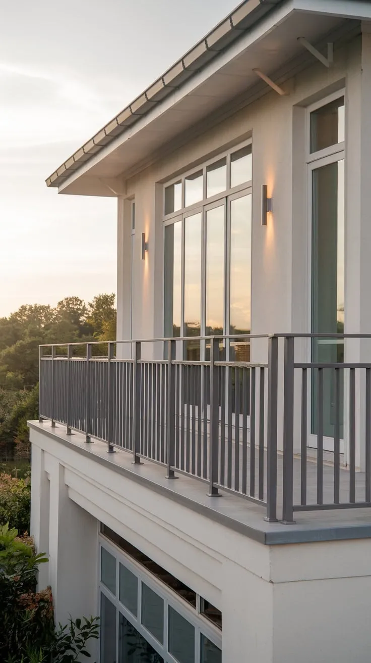 From your high balcony, dark grey railings contrast sharply against the white walls of your clean-lined home, showcasing a picturesque view of sky and nature