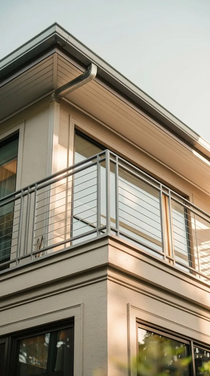 From below, you see the home's soft glow, a high balcony with a metal railing framing a breathtaking vista