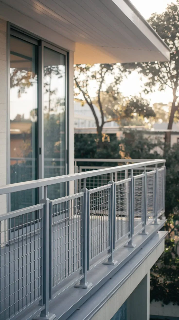 From your high balcony, a peaceful scene unfolds, bathed in soft light, the well-maintained metal railing framing the tranquil view