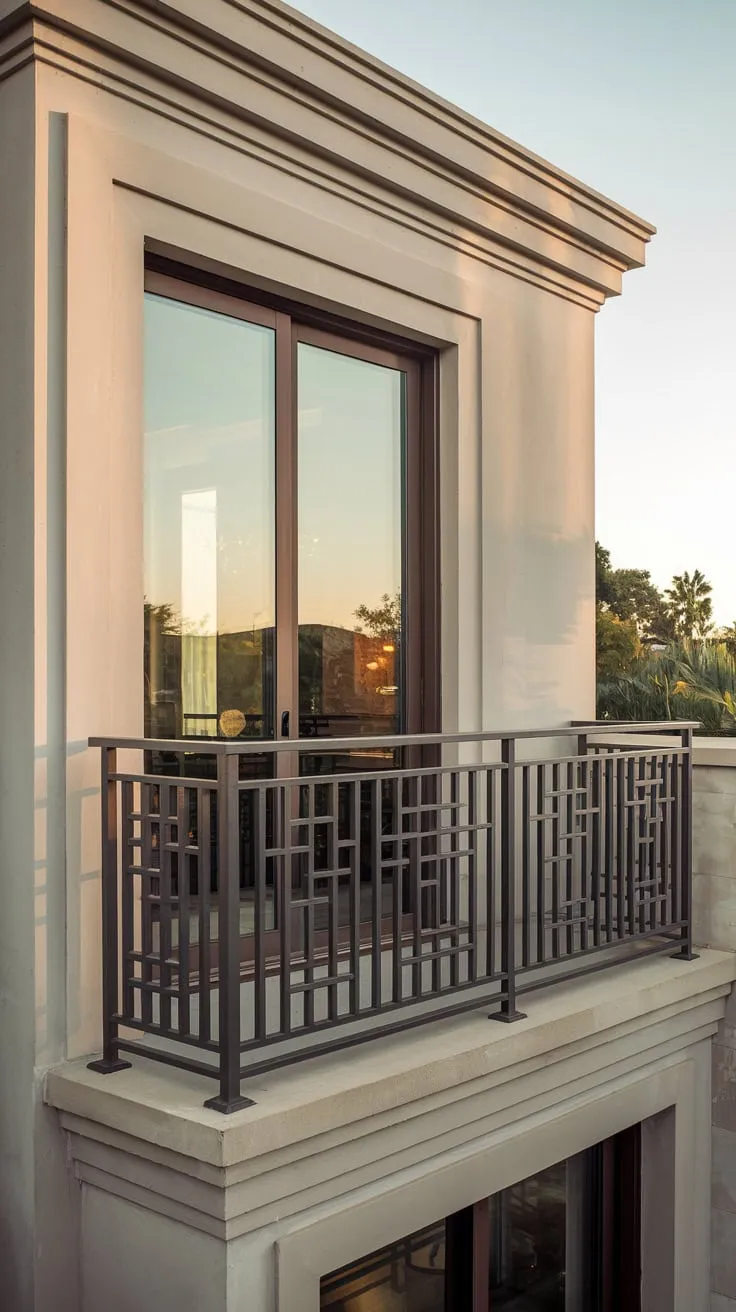 From your vantage point on the second floor, the home's architectural details are beautifully highlighted by soft lighting, framed by the sleek, matte-black metal railing of your balcony and the stunning view beyond