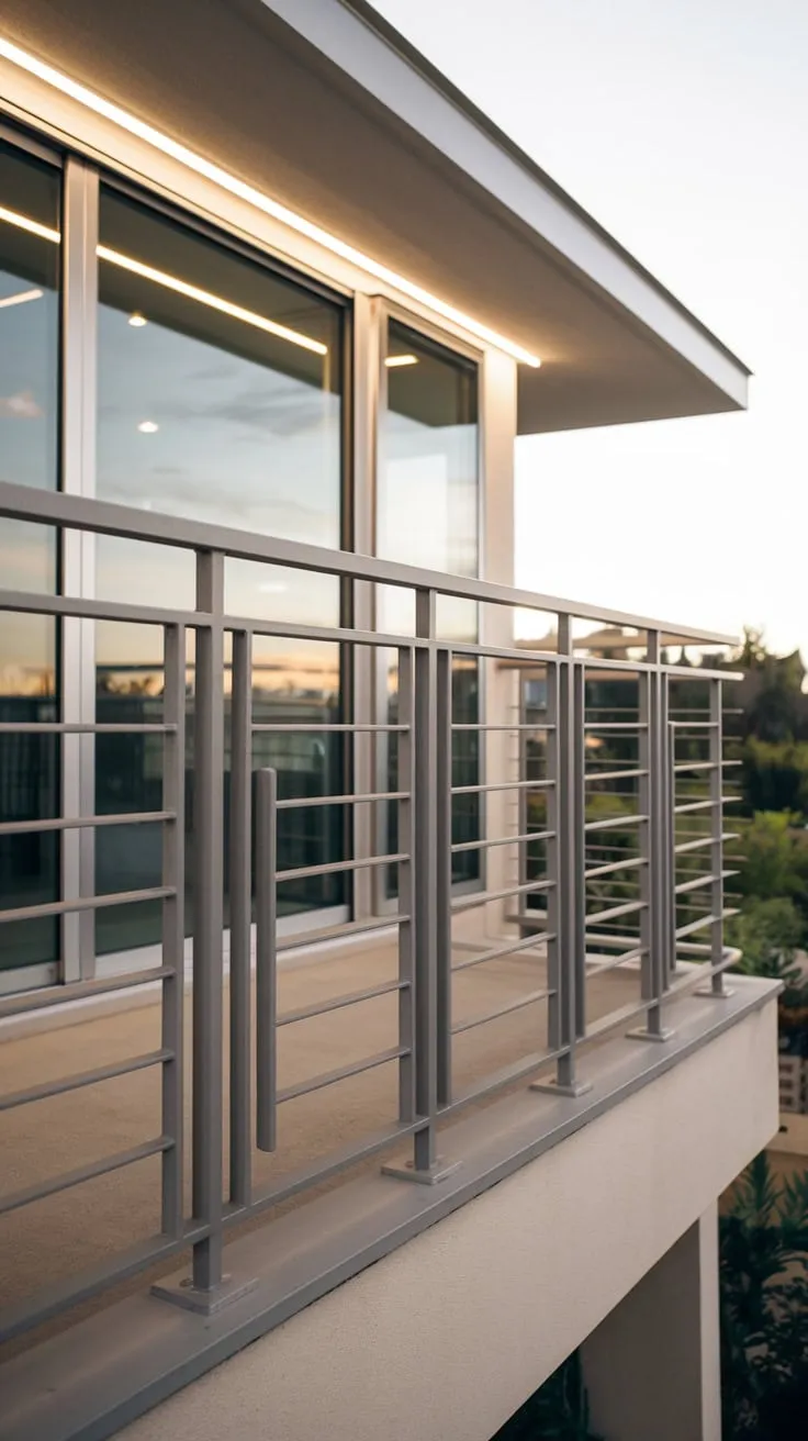 From above, you see a softly lit home's minimalist metal balcony railing framing a captivating view