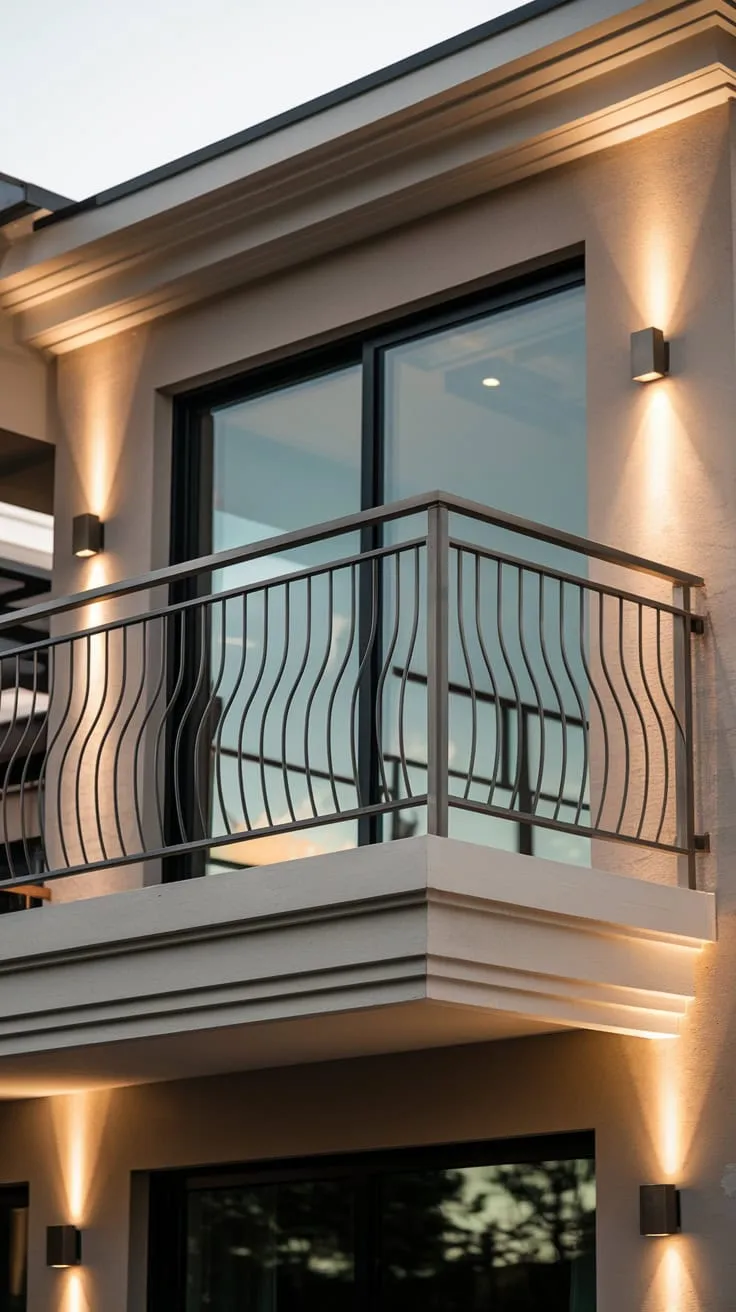 You'll admire the minimalist architecture and the striking, wavy metal railing of your second-story balcony, framed by a softly lit exterior and a beautiful vista