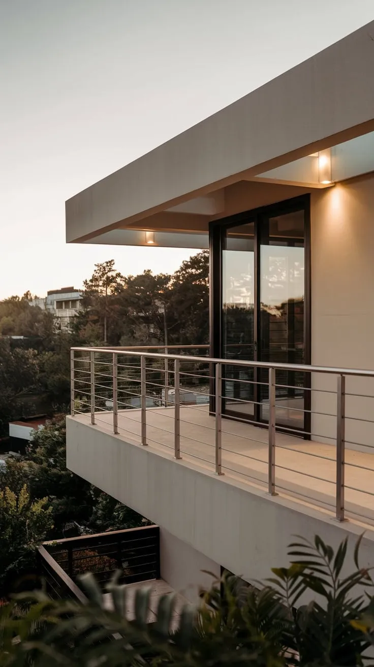Embrace modern living in a stylish haven, featuring illuminated metal railings and breathtaking views that blend tranquility with urban charm