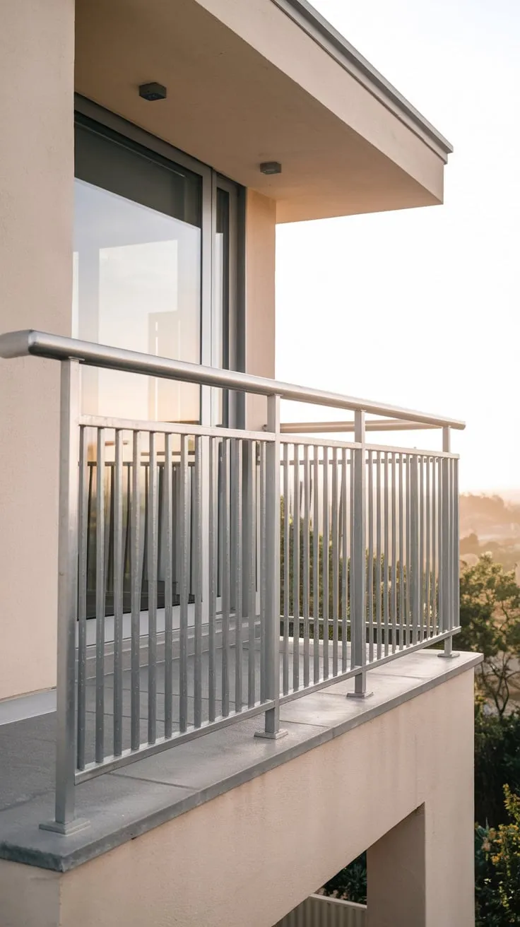 A stunning view unfolds from your home's sleek balcony, highlighted by soft lighting and a polished metal railing