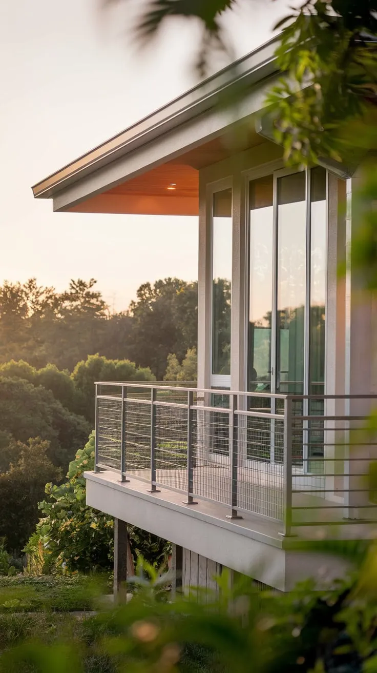 A soft glow illuminates a stylish house nestled in greenery, its high balcony offering a captivating panorama