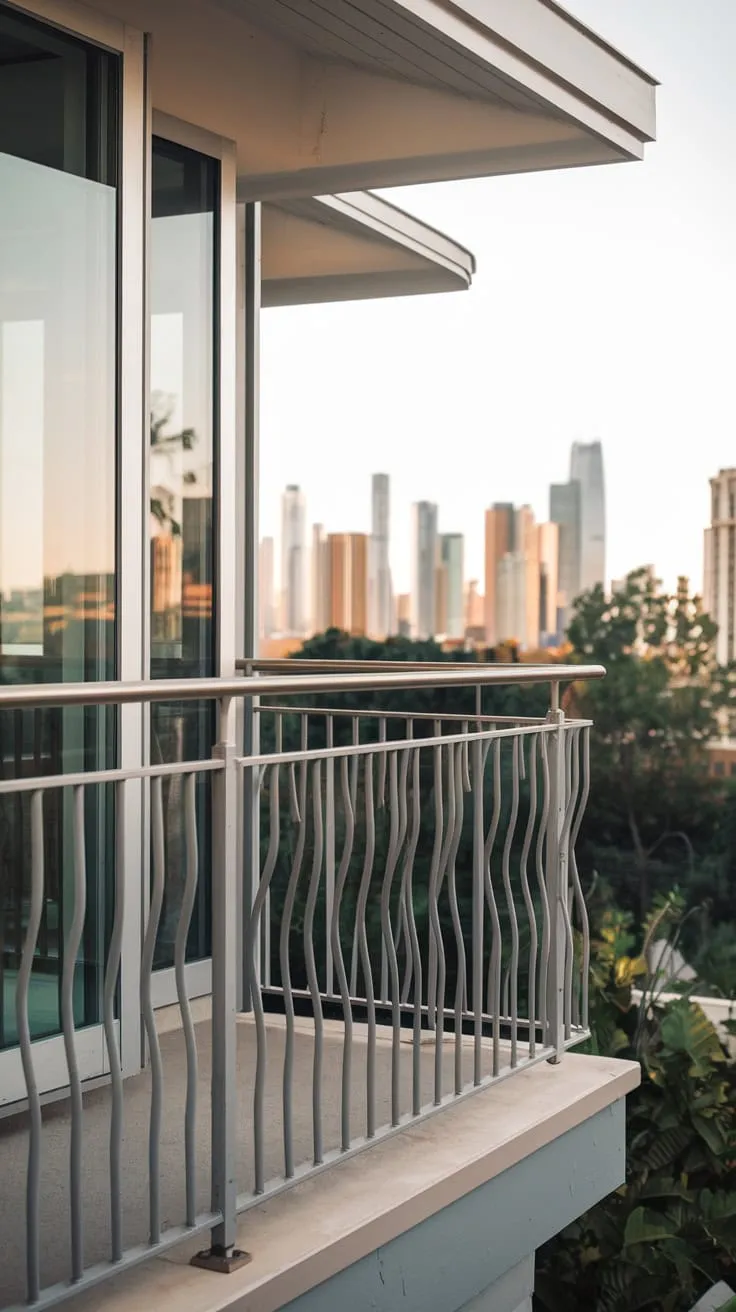 Above the city lights, you see your home’s balcony, a gently lit space with a uniquely curved metal railing