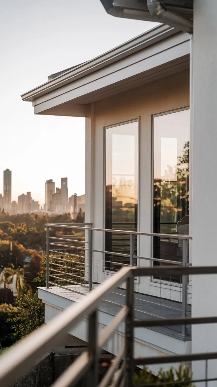A stunning city view unfolds below a stylish home, its metal balcony railing gleaming in the soft light