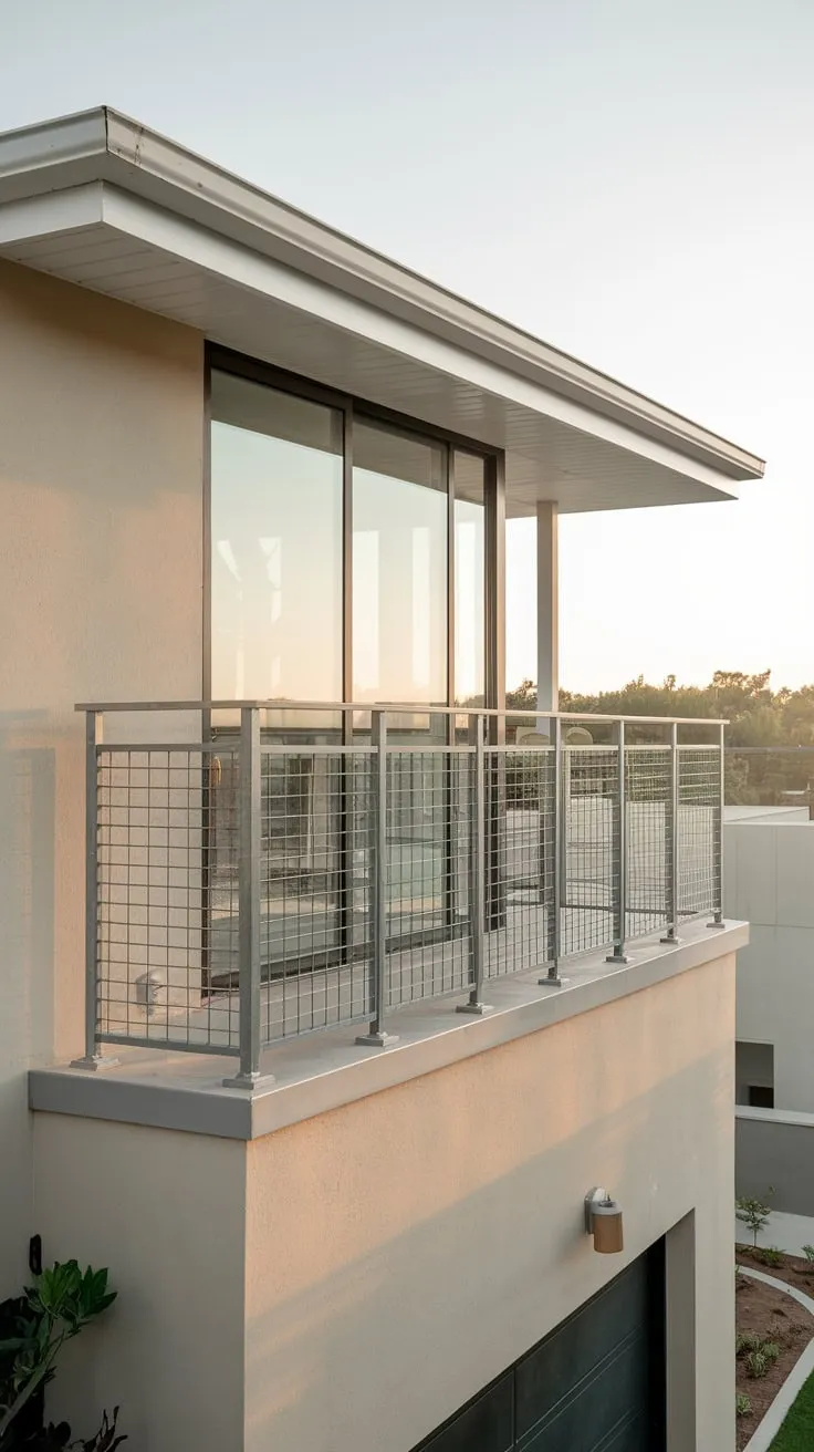 Soft light bathes a sleek home’s high metal balcony, offering you a serene view