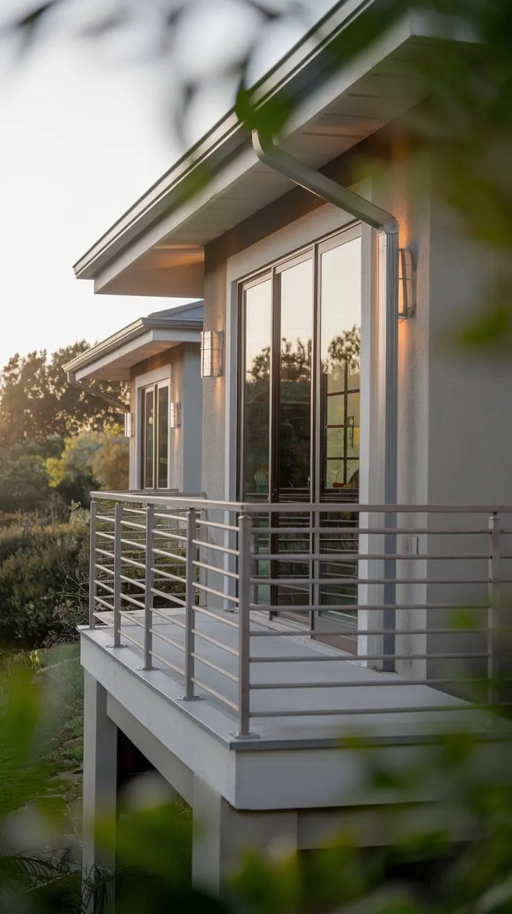 From above, you see a softly lit home nestled in greenery, its metal balcony railing a delicate detail against the lush backdrop