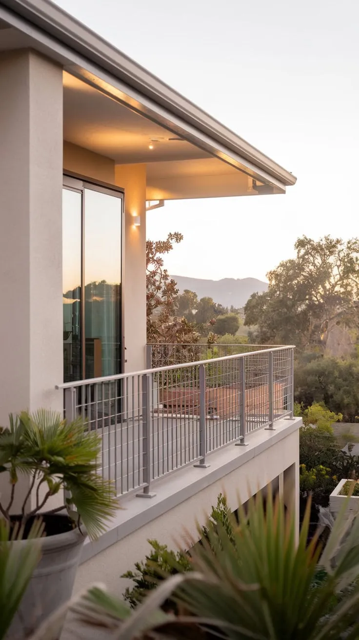 Potted plants frame your view from a high balcony, the soft light highlighting the sleek home and the tranquil mountains beyond