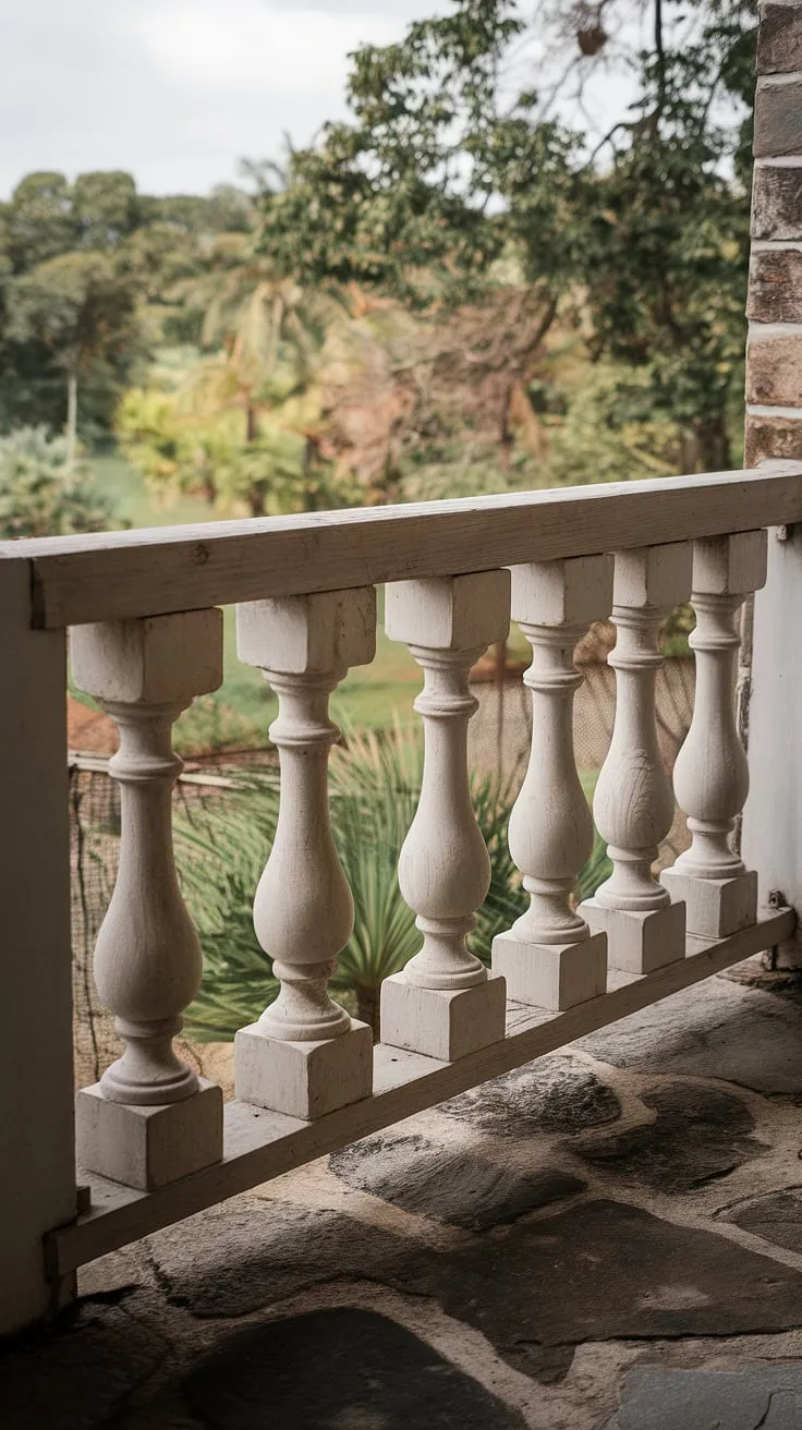This weathered wooden balcony railing, a charming example of balcony railing design, offers a picturesque view but highlights the importance of balcony safety railing.  The missing balusters and insufficient balcony railing height underscore the need for regular inspection and maintenance when choosing balcony railing materials, whether wood, metal, or glass.  Consider upgrading to a more secure balcony guardrail for peace of mind.  This balcony balustrade, while aesthetically pleasing, prompts reflection on balcony railing ideas and the crucial role of a sturdy railing for balcony safety.