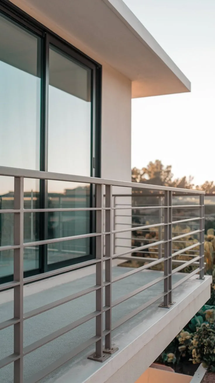Soft light bathes your minimalist balcony, its clean metal railing framing a breathtaking view