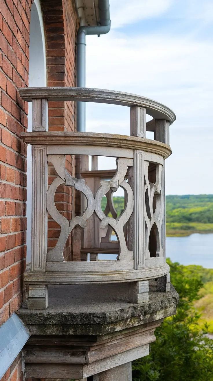 The view from this balcony is as stunning as the balcony railing itself.  The intricately carved wooden balcony railing, a prime example of decorative balcony railing, adds a touch of elegance to the stone balcony.  This balcony safety railing, meticulously crafted with attention to balcony railing height, provides both security and visual interest.  The choice of wooden balcony railing materials complements the surrounding brickwork, creating a harmonious blend of textures and styles.  Consider this a source of inspiration for your own balcony railing ideas, whether you prefer the warmth of wood, the sleekness of metal balcony railing, or the modern appeal of glass balcony railing.  This balcony fence, a perfect illustration of balcony guardrail design, demonstrates the importance of balancing aesthetics with outdoor railing functionality.