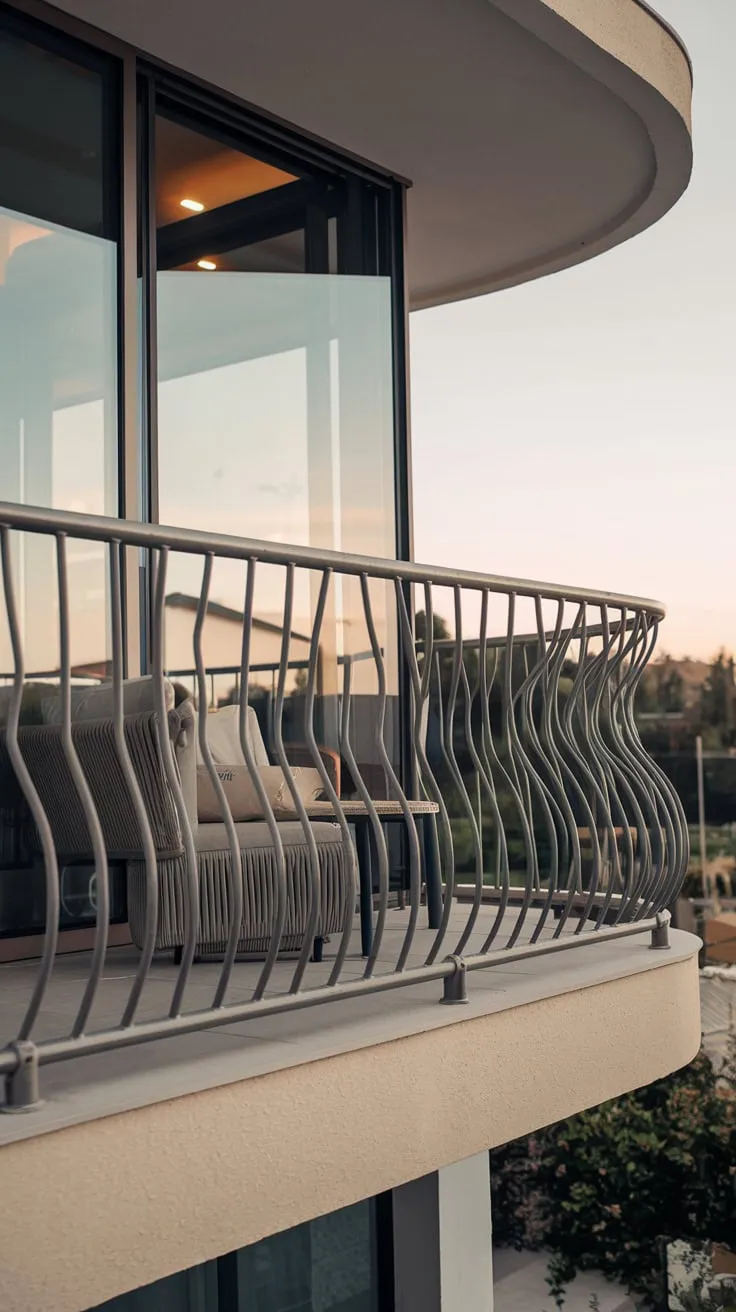 A captivating view unfolds from your balcony, where a comfy chair and table sit beneath a uniquely curved metal railing, all bathed in soft light