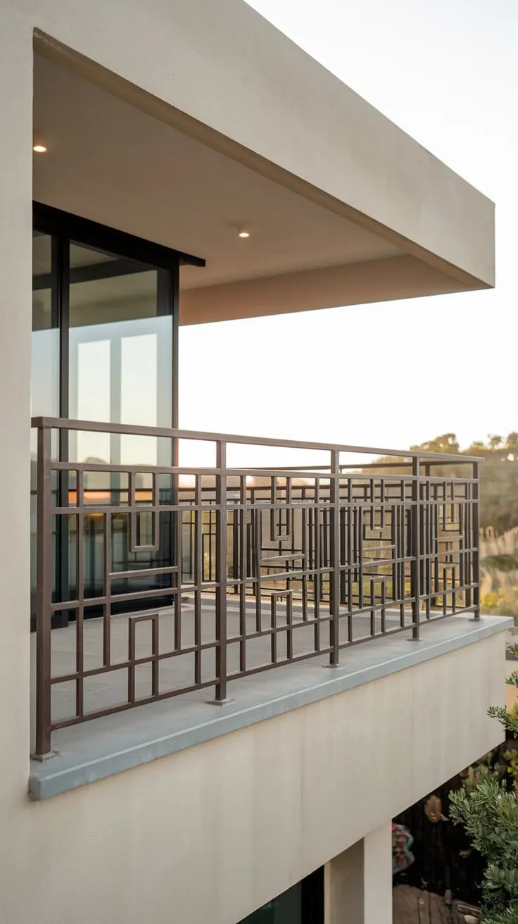 A high-level balcony with a clean, geometric metal railing frames a stunning vista from your subtly lit home