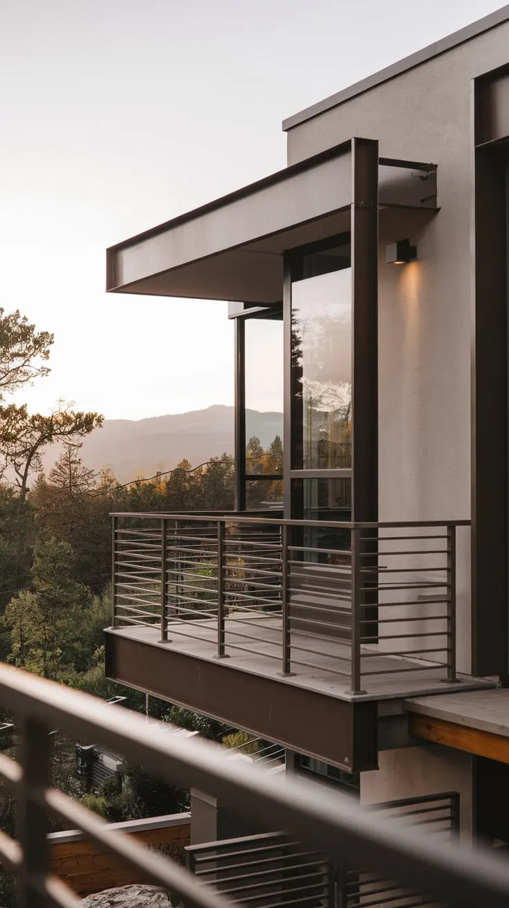 From your balcony's minimalist metal railing, the soft light highlights a clean-lined home of wood and metal, showcasing a breathtaking mountain and treetop view