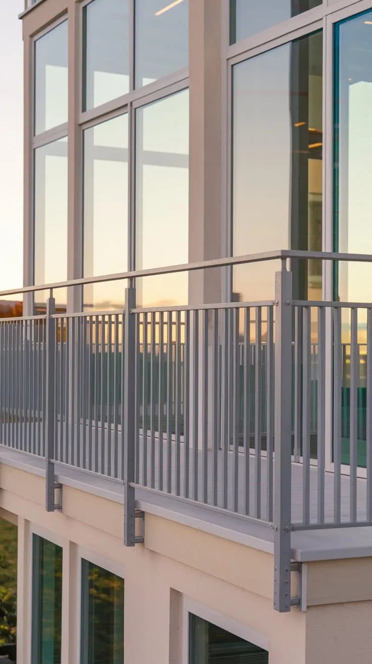 Soft light bathes your minimalist home's large windows and sleek, light grey balcony railing, offering a tranquil view