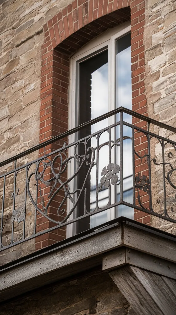 The balcony fence, a stunning example of balcony railing design, gracefully adorns this red brick building.  The black metal balcony railing, a robust balcony safety railing and balcony guardrail, offers both security and style. This decorative balcony railing, with its charming heart and flower motif, is a testament to thoughtful balcony railing ideas. The choice of metal balcony railing provides durability, while the wooden balcony flooring adds warmth.  The balcony railing height is perfectly balanced, allowing for a clear view without compromising safety. Explore different balcony railing materials and find the perfect fit for your outdoor railing needs.