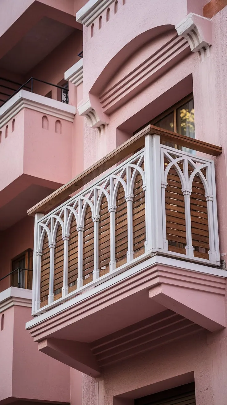 The intricate wooden balcony railing, a beautiful example of decorative balcony railing, adds undeniable character to this building's facade.  This balcony fence, with its arched balcony balustrade, offers a glimpse into the diverse balcony railing materials and balcony railing design possibilities available.  Note the careful consideration of balcony railing height and the various balcony safety railing options incorporated.  From wooden balcony railing to metal balcony railing, the options are inspiring.