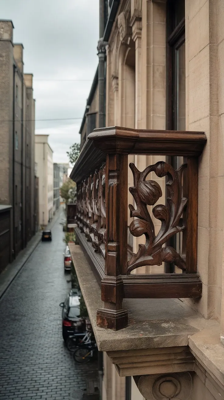 This weathered wooden balcony railing, a testament to enduring craftsmanship, showcases intricate floral carvings.  The balcony balustrade, a perfect example of balcony railing design, offers both safety and aesthetic appeal.  From this vantage point, the cobblestone street below, with its parked cars and bicycle, feels a world away.  Consider the various balcony railing materials—wood, metal, glass—and the importance of balcony railing height for safety when planning your own outdoor railing or balcony fence.  This decorative balcony railing offers endless balcony railing ideas.