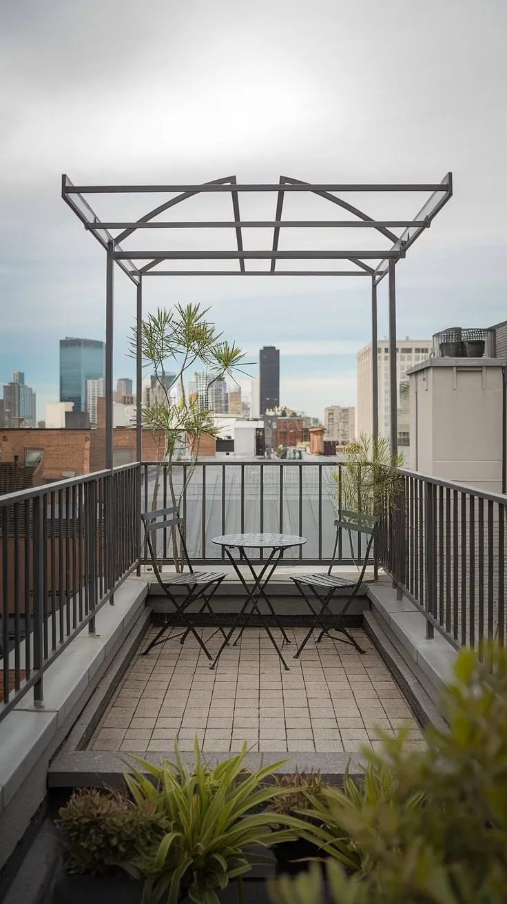 Find your urban oasis with these small rooftop terrace ideas. This compact rooftop terrace, featuring a practical balcony roof, maximizes space and style. The rooftop garden design adds a touch of nature to this urban rooftop deck, while the simple seating arrangement provides the perfect spot for quiet contemplation. Consider this a prime example of rooftop patio ideas and small terrace ideas for your own city sanctuary.