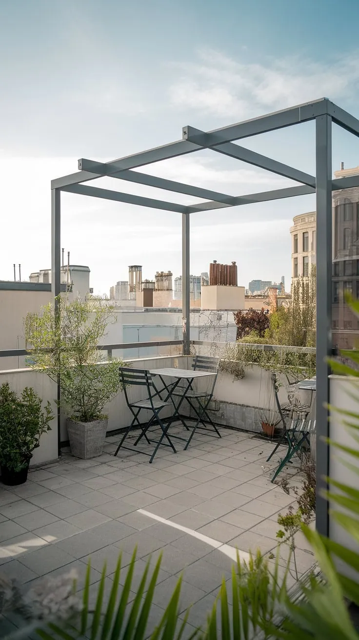 Escape the urban hustle on this charming small rooftop terrace, complete with a balcony roof offering stunning skyline views. Rooftop patio ideas and rooftop garden design come together perfectly in this small terrace ideas haven.