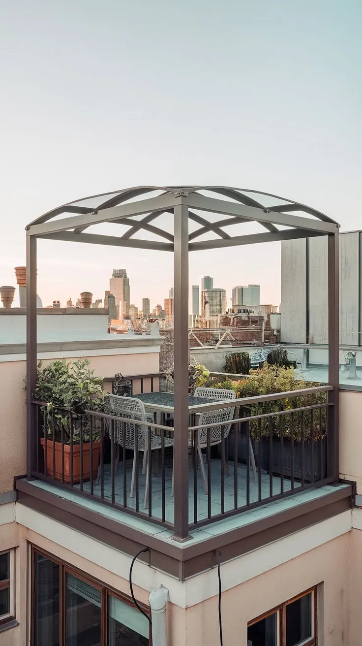 Maximize your space with clever small terrace ideas. This balcony roof transforms a small rooftop terrace into a private urban oasis, showcasing inspiring rooftop terrace ideas.